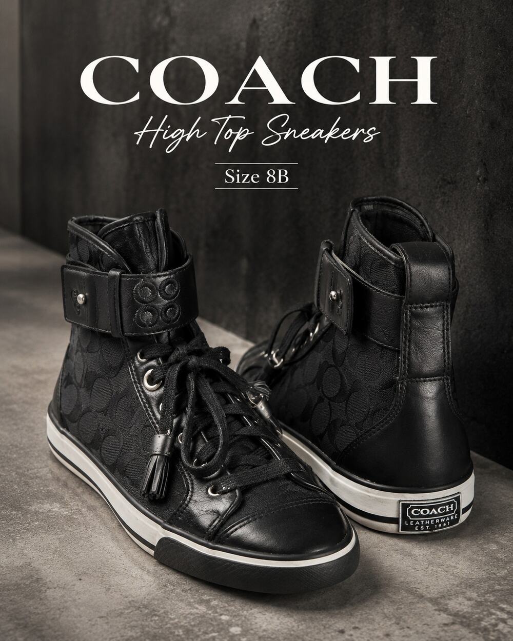Coach Foster Signature High Top Sneakers Black Tassel Lace Women 8B